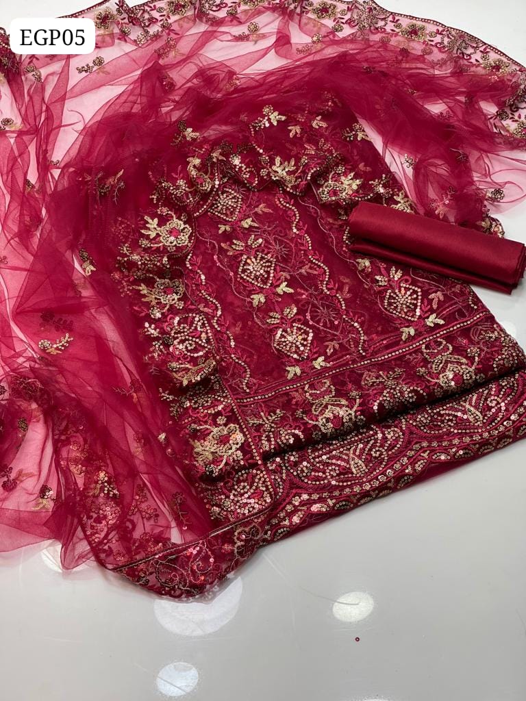 Net Fabric Sequence Beautiful Embroidery Jaal Work Shirt With Net Sequence & Beautiful Boder Work Duppata And Kataan Silk Plain Trouser 3Pc Dress
