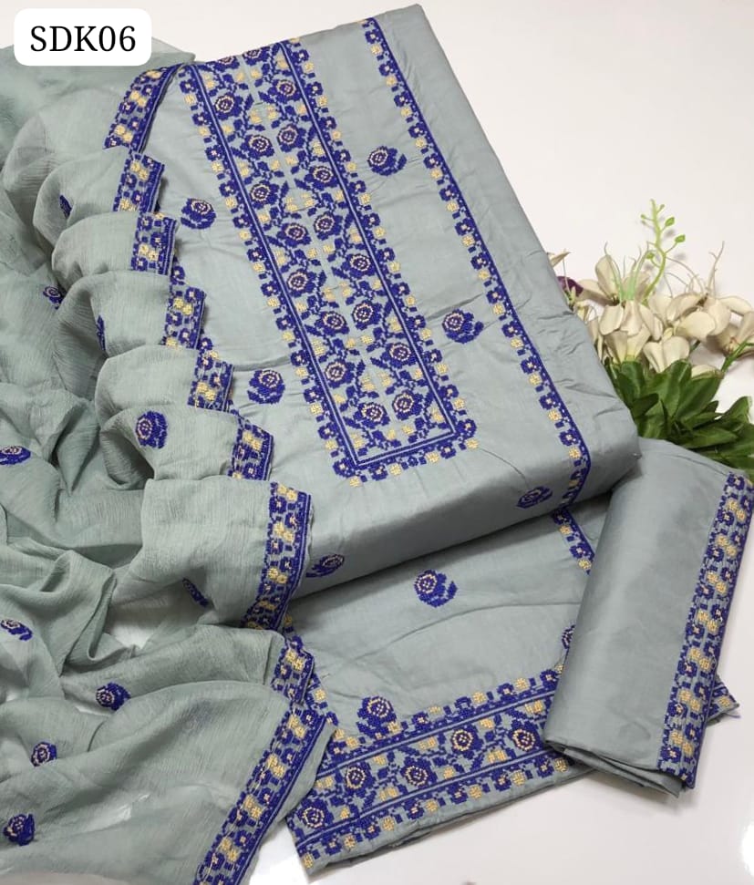Lawn Cotton Fabric Computer Cross Stich Embroidery Work Shirt With Chiffon Embroidery Dupatta And Lawn Embroidery Trouser 3 Pc Dress