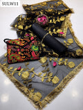 Plain Kattan Silk Fabric Shirt & Trouser And Net Dori Gotta Work Charri Style Flower Dupatta 4 Side Border Kiran Lass 3PC Dress