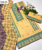New Collection 2k23  Khaddi Cotton Fabric Computer Cross Stich Gala Daman Embroidery Work Shirt With Khaddi Cotton Printed Dupatta And Lawn Embroidery Trouser 3 Pc Dress
