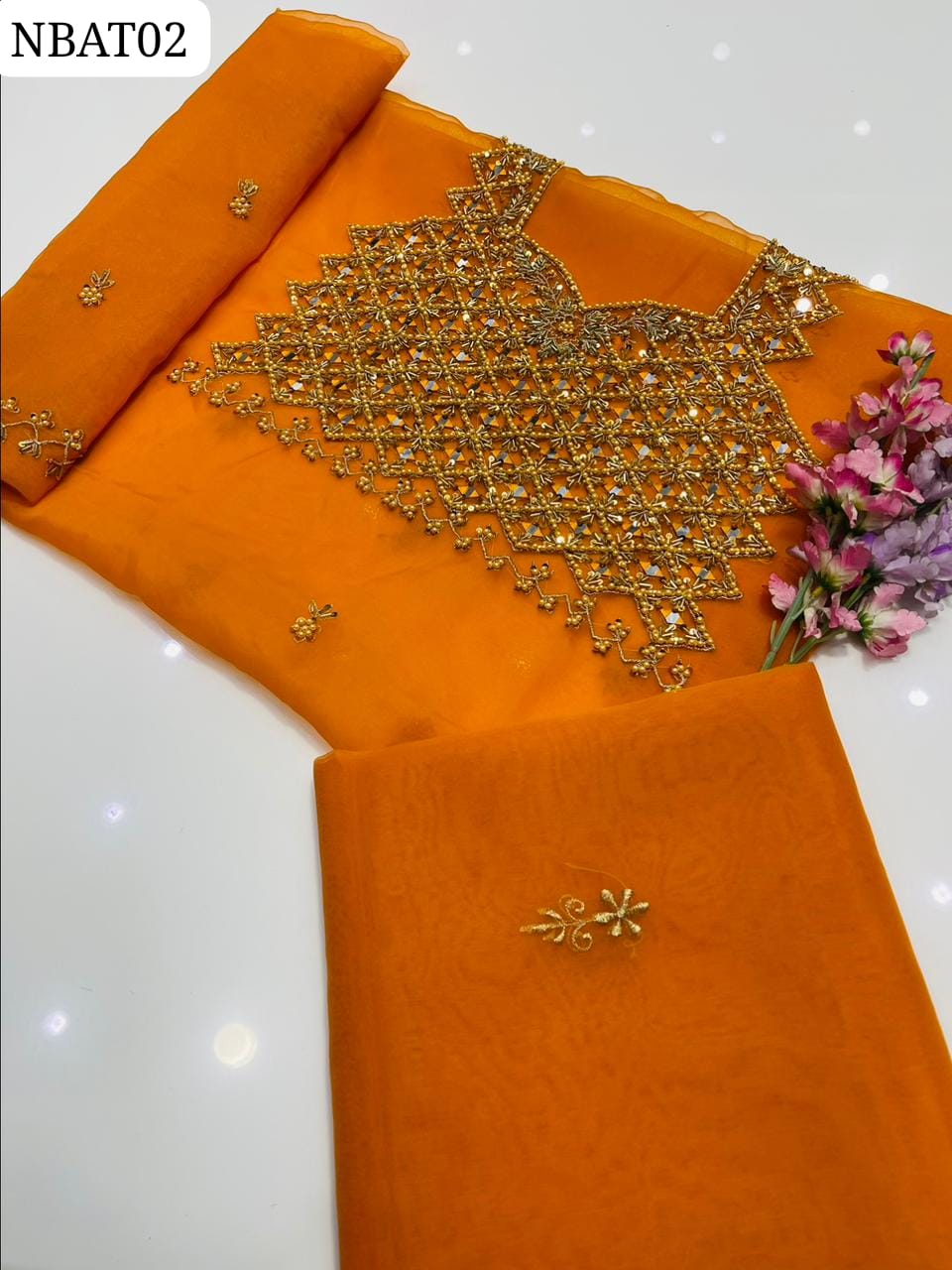 Sale Sale Sale 🔥New Fancy Arrival🔥 Indian Pure Organza Hand Work Full Heavy Gala Shirt And Orgnaza Boti Dupatta 2 PC Dress