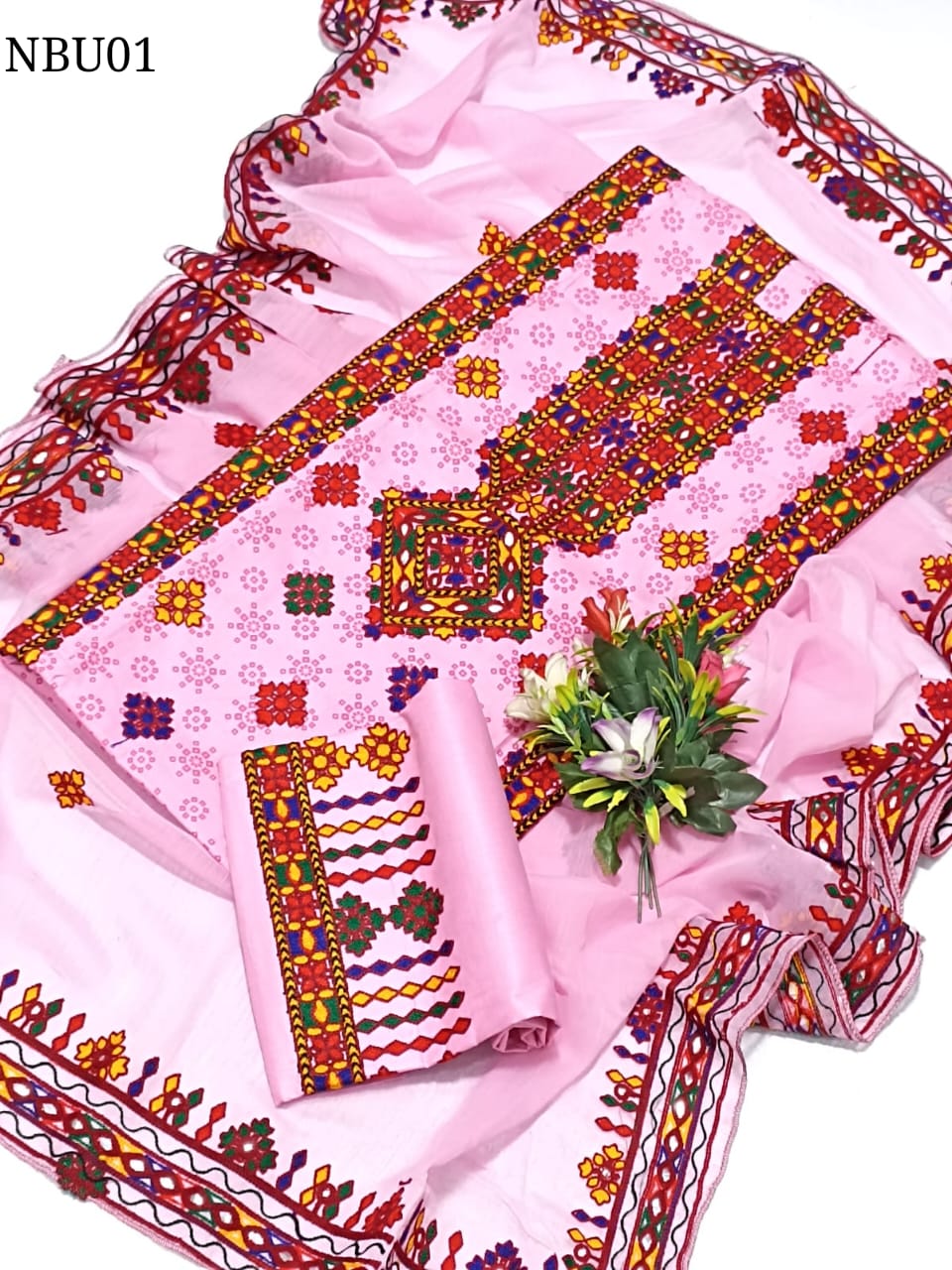 Lawn Back Ground Print Compuetr Embroided Multi Aari Blochi Gala With Daman Shirt Same Colour 4 Border Embroided Chiffon Dupatta Same Colour Embroided Trouser