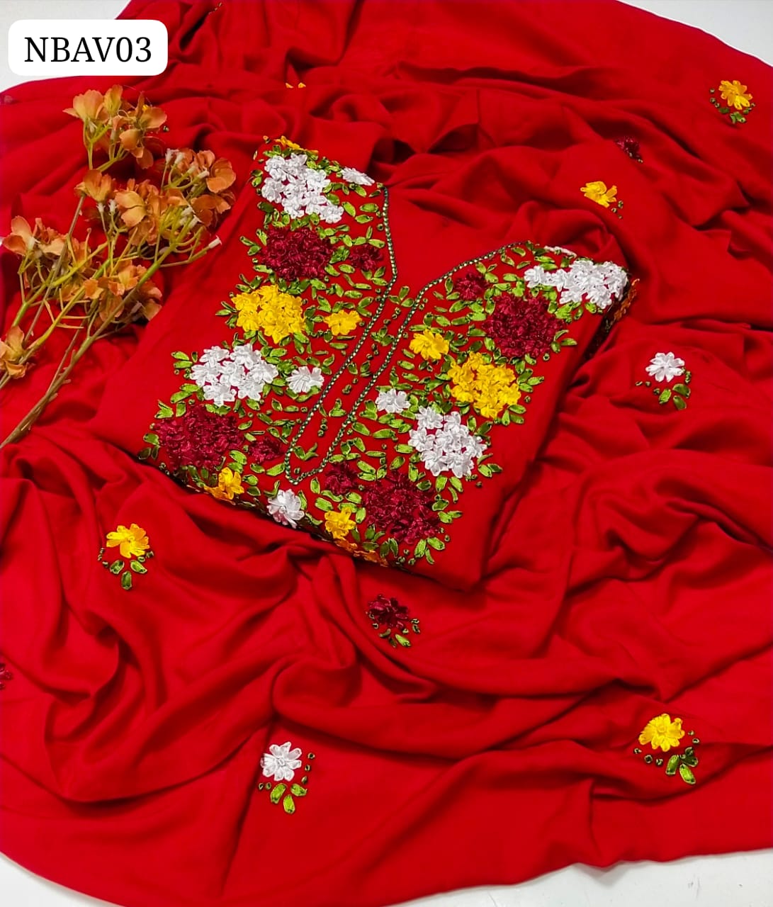 Linen Fabric Handemade Riban Gala Neat Work Shirt With Linen Embroidery Dupatta And Linen Plain Trouser 3Pc Dress