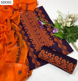 Stuff Soft Lawn Machine Cross Gala Daman EMbroidery Shirt & Embroidery Trouser With Chiffon EMbroidery Dupatta 3PC Dress