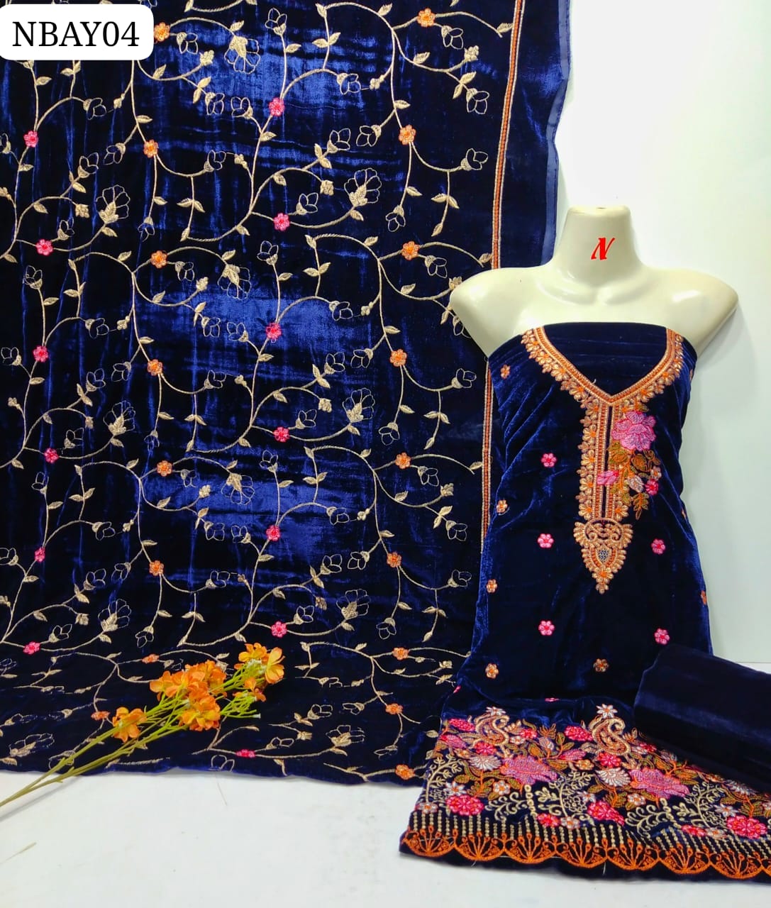 Stuff Best Quality Soft Velvet Heavy Zari Raisham Gala Daman Embrodery Shirt & Plane Velvet Trouser With Beautifull Embroidery Shawl 3 PC Dress