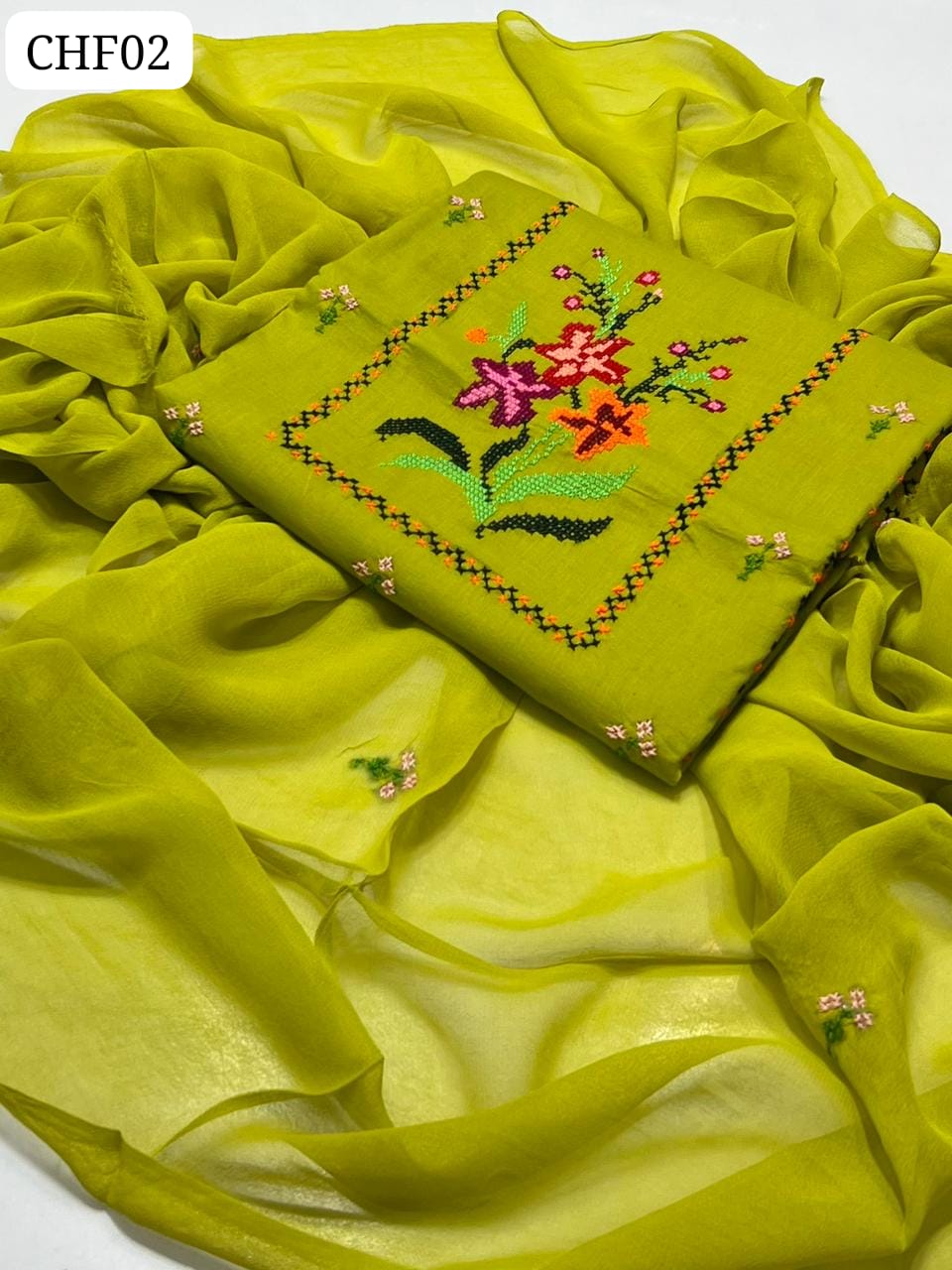 Shirt Lawn Handmade Embroidery Crosstich Gala Kurta Design Work With Chiffon Embroidery Duppata & Lawn Trouser
