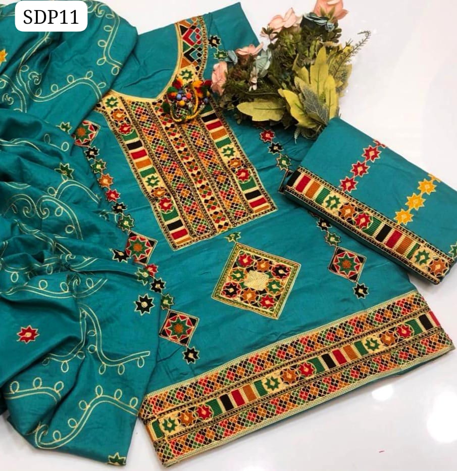 Linen Machine Aari Galla Daman Embroidery Work Shirt With Linen Jaal Embroidery Dupatta And Linen Embroidery Trouser 3Pc Dress