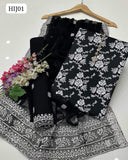 Lawn Fabric Floral Print Black And White Shirt And Cross Stitch Embroidery Lawn Trouser Along With Chiffon Cross Stitch Embroidery Duppata 3 Pc Dress