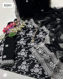 Lawn Fabric Floral Print Black And White Shirt And Cross Stitch Embroidery Lawn Trouser Along With Chiffon Cross Stitch Embroidery Duppata 3 Pc Dress