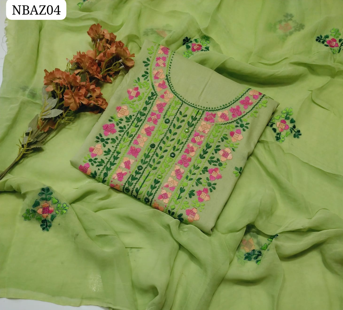 Pure Lawn Hande Embroidery Mixed design Neat Work Shirt With Chiffon Embroidery Dupatta And Lawn Plain Trouser 3Pc Dress