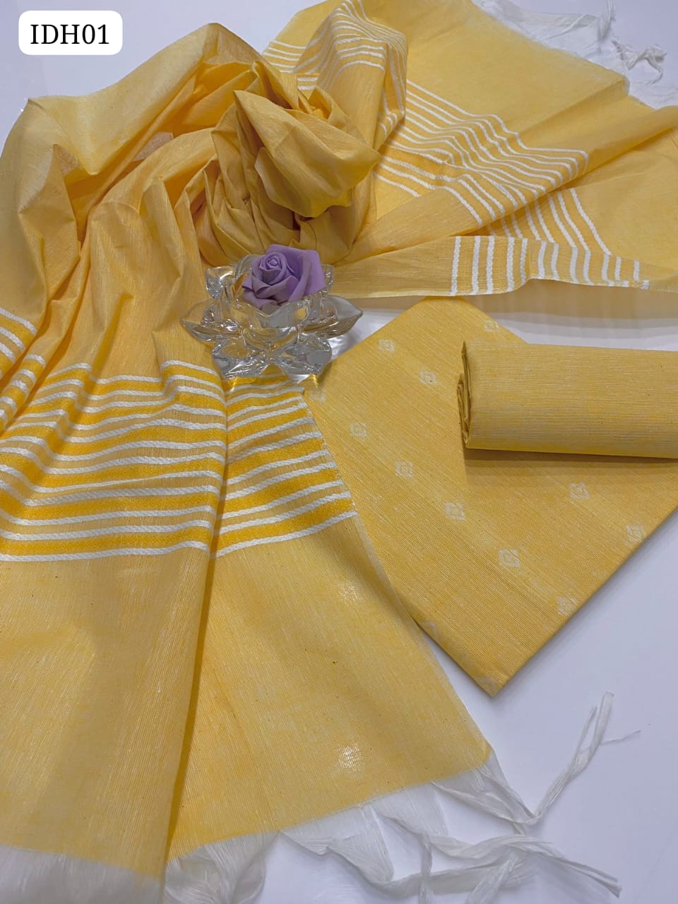 Khaddi Cotton Fabric Bindi Booti Shirt And Plain Trouser Along With Jacquard Border Shawl Duppatta 3Pc Dress