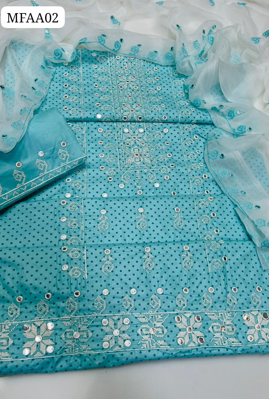 Cotton Fabric Cross Stitch 9Mm Embroidery Work Shirt With Krincle Chiffon 9Mm Cross Stitch Karhai Work Dupatta And Cotton Cross Stitch 9Mm Embroidery Work Trouser 3Pc Dress