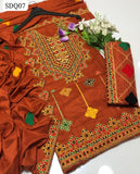 Linen Fabric Machine Aari Galla Daman Work Shirt With Linen Embroidery Jaal Dupatta And Linen Embroidery Trouser 3Pc Dress