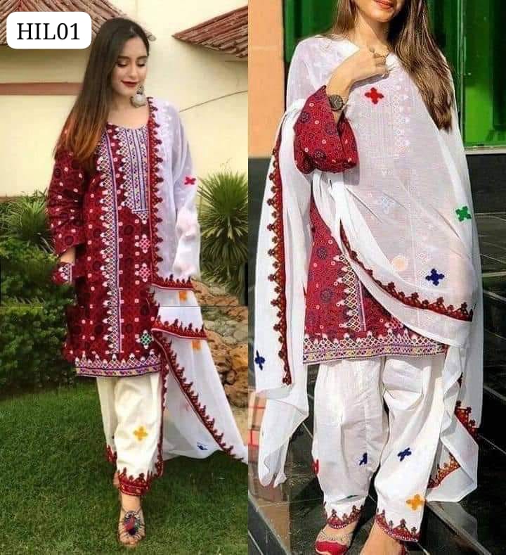 Lawn Fabric Ajrak Print & Glla Daman Computer Aari Embroidered Shirt With Along Chiffon Embroidered Dopatta And Cotton Embroidery Trouser 3Pc Dress