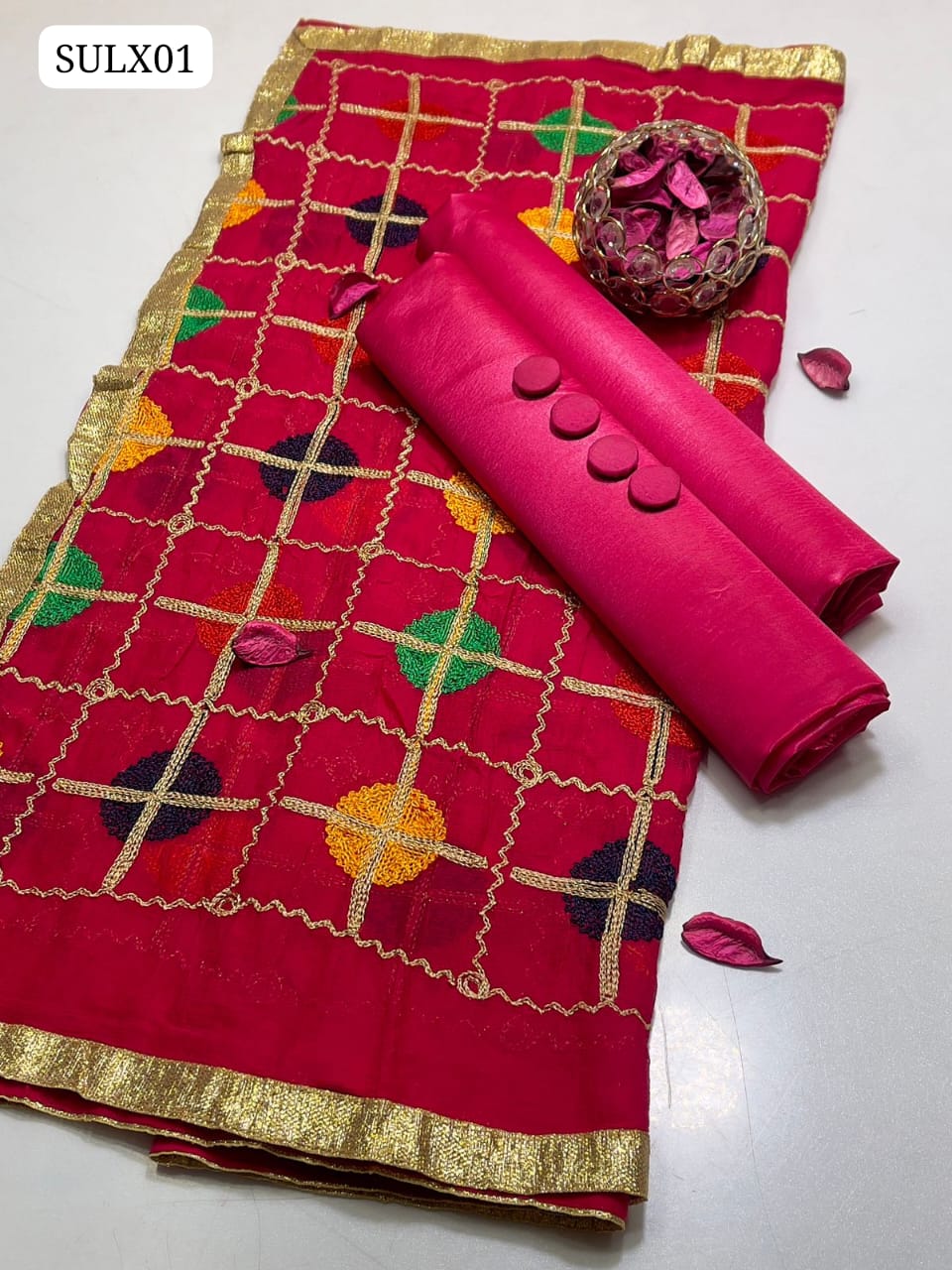 Kataan Silk Fabric Plain Shirt With Chiffon Base Multi Aari Heavy Embroidery Dupatta With 4 Side Border And Kataan Silk Plain Trouser 3Pc Dress With 4 Matching Buttons Gift