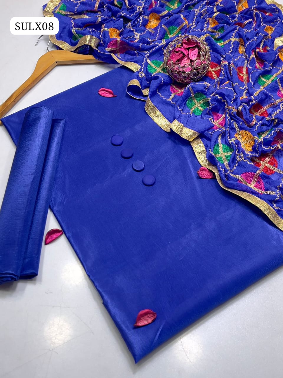 Kataan Silk Fabric Plain Shirt With Chiffon Base Multi Aari Heavy Embroidery Dupatta With 4 Side Border And Kataan Silk Plain Trouser 3Pc Dress With 4 Matching Buttons Gift