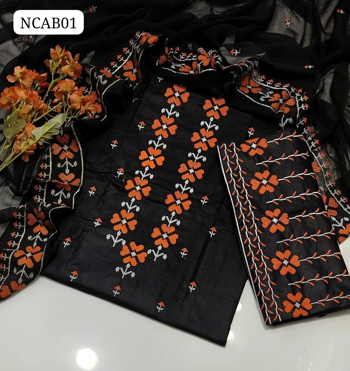 Cotton Fabric Cross Stitch & 9mm Embroidery Work Shirt And Embroidery Trouser Along With Contras Chiffon Karinkal Embroidery Duppata 3 Pc Dress