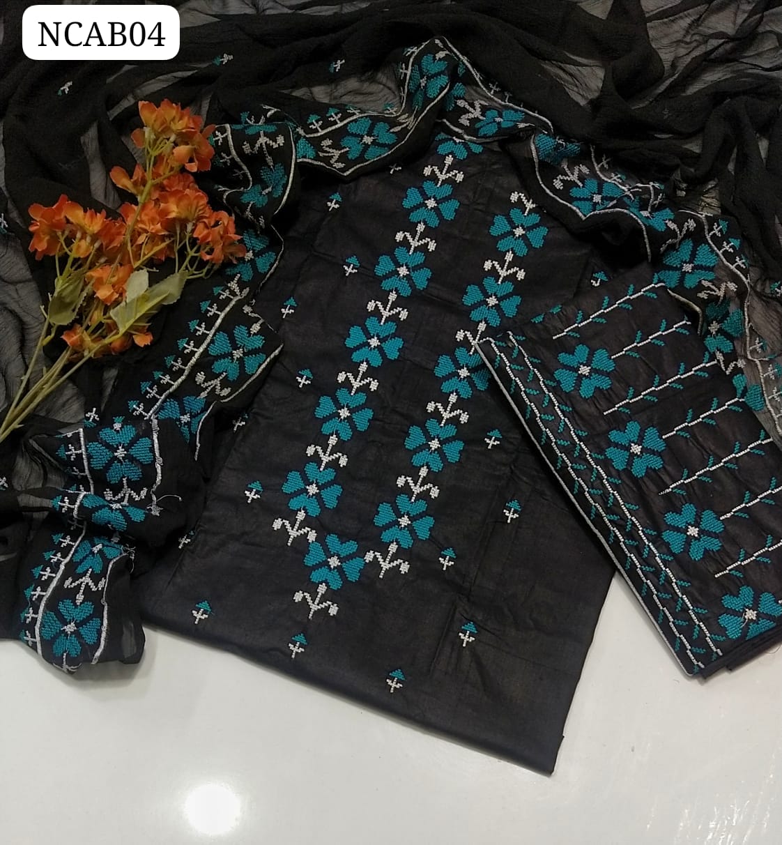 Cotton Fabric Cross Stitch & 9mm Embroidery Work Shirt And Embroidery Trouser Along With Contras Chiffon Karinkal Embroidery Duppata 3 Pc Dress