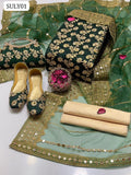 Crinkle Chiffon Fabric Marble And Gotta Embroidery Work Shirt With Tissue Organza Fabric 9Mm Panni Sheesha Embroidery With Heavy Pallu Embroidery Work Dupatta And Self Embossed Masuri Trouser 3Pc Dress With Matching Khussa & Matching Clutch As A Gift