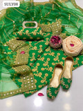 Crinkle Chiffon Fabric Marble And Gotta Embroidery Work Shirt With Tissue Organza Fabric 9Mm Panni Sheesha Embroidery With Heavy Pallu Embroidery Work Dupatta And Self Embossed Masuri Trouser 3Pc Dress With Matching Khussa & Matching Clutch As A Gift