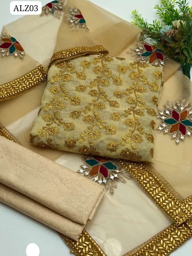 Crinkle Chiffon Fabric Embroidery Work & Pasted Pearls Shirt With Matching Heavy Gotta Border With Twinkling Mirror Pattern & Pasham Embroidery Aari Work Dupatta And Masuri Skin Trouser 3Pc Dress