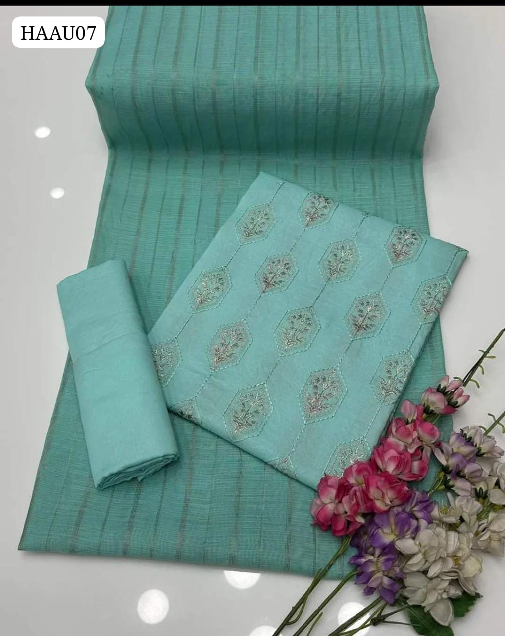 Indian Swiss Lawn Fabric Embroidery Work Shirt With Swiss Lawn Jacaurd Dupatta And Swiss Lawn Trouser 3Pc Dress