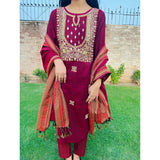 Sussi Khaddi Silk Fabric Hand Embroidery Zari Beads & Mirror Work Gala Shirt With Sussi Khaddi Beautiful Shawl Dupatta And Sussi Khaddi Leining Trouser 3Pc Dress