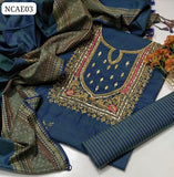 Sussi Khaddi Silk Fabric Hand Embroidery Zari Beads & Mirror Work Gala Shirt With Sussi Khaddi Beautiful Shawl Dupatta And Sussi Khaddi Leining Trouser 3Pc Dress