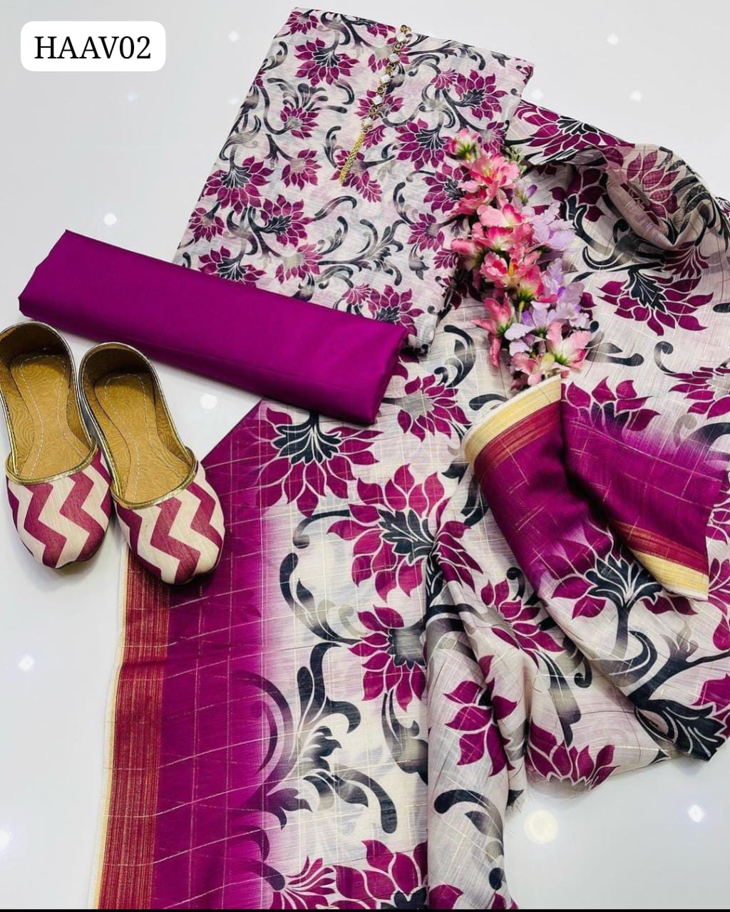 Indian Monar Lawn Fabric Digital Print Shirt With Monar Digtal Print Dupatta And Kataan Silk Plain Trouser With Same khussa As a Gift
