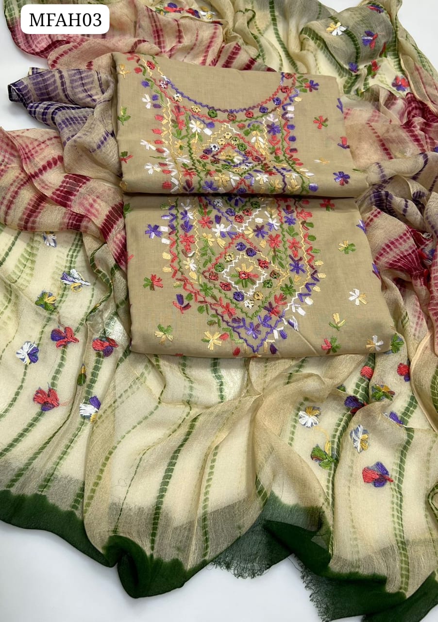 Lawn GTM Karhai Handmade Shirt With Chiffon Embroidered Dupatta And Lawn Embroidered Trouser 3PC Dress