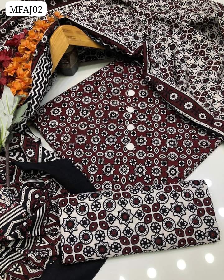 Cotton Fabric Ajrak Print Shirt With Cotton Ajrak Print Dupatta And Cotton Ajrak Print Trouser 3Pc Dress