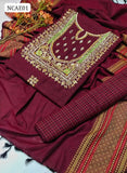 Sussi Khaddi Silk Fabric Hand Embroidery Zari Beads & Mirror Work Gala Shirt With Sussi Khaddi Beautiful Shawl Dupatta And Sussi Khaddi Leining Trouser 3Pc Dress