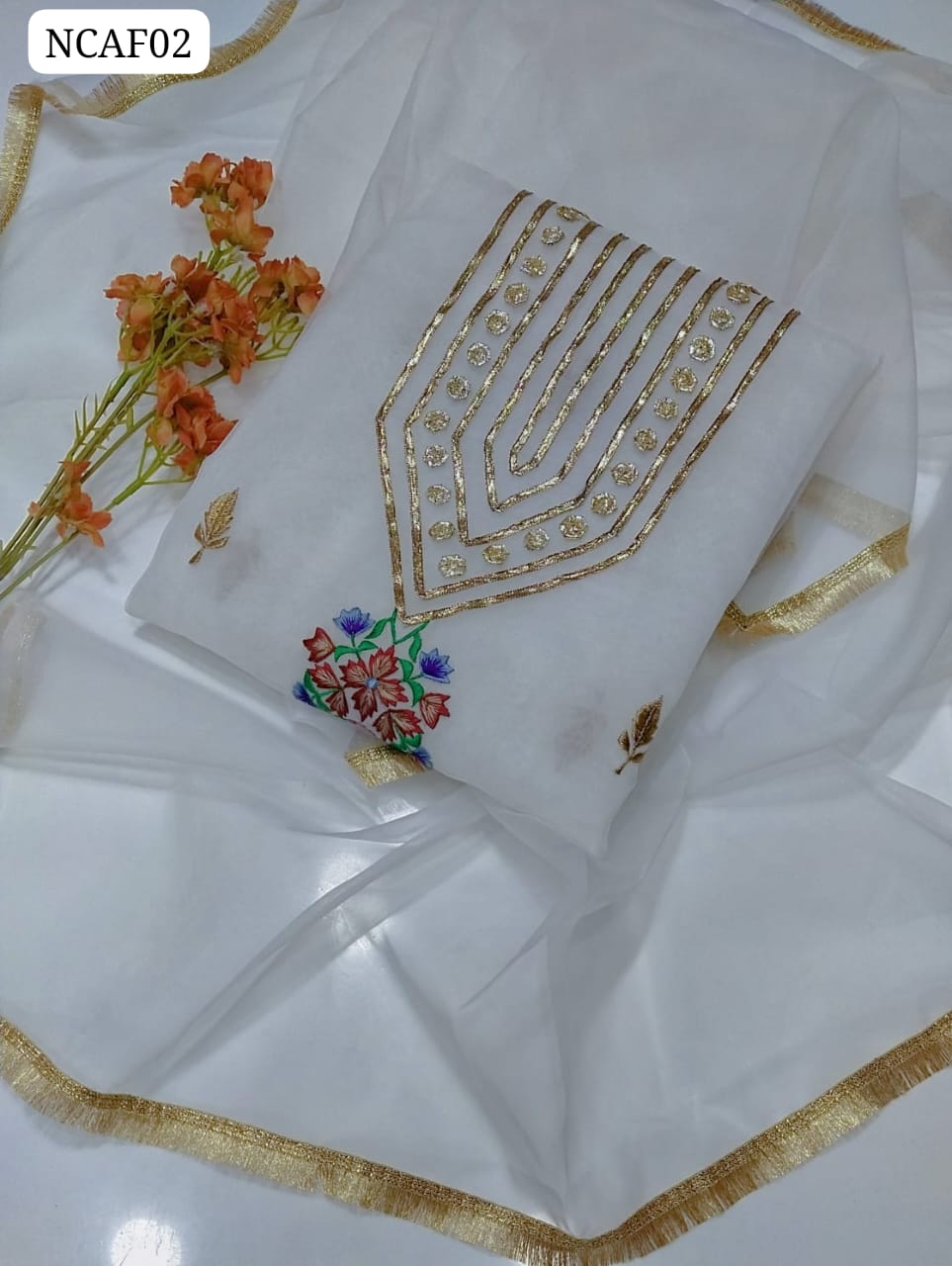 Indian Pure Organza Hand Work Gota Raisham Gala Shirt &Sleeve Gota Embroidery With Organza 4Said Zari Lase Dupatta 2pc Dress