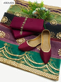Kataan Silk Fabric Shirt With Pure Multi Organza Fabric 9MM Foil & Embroidery Duppata With 4 Sided Heavy Foil Border And Kataan Silk Plain Trouser 3Pc Dress With Neckline & Khussa Gift