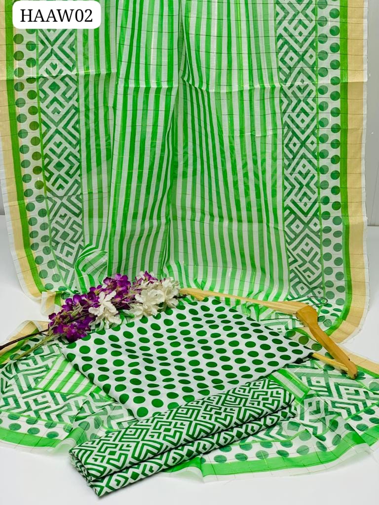 Swiss Lawn Fabric Digital Print Shirt & Trouser Along With Karinkal Silk Flower Digital Print Dupatta 3Pcs Dress