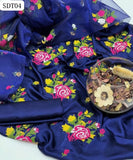 Shamoz Silk Fabric Cross Stich Flower Embroidery Work Shirt With Organza Embroidery Dupatta And Shamoz Silk Plain Trouser 3Pc Dress