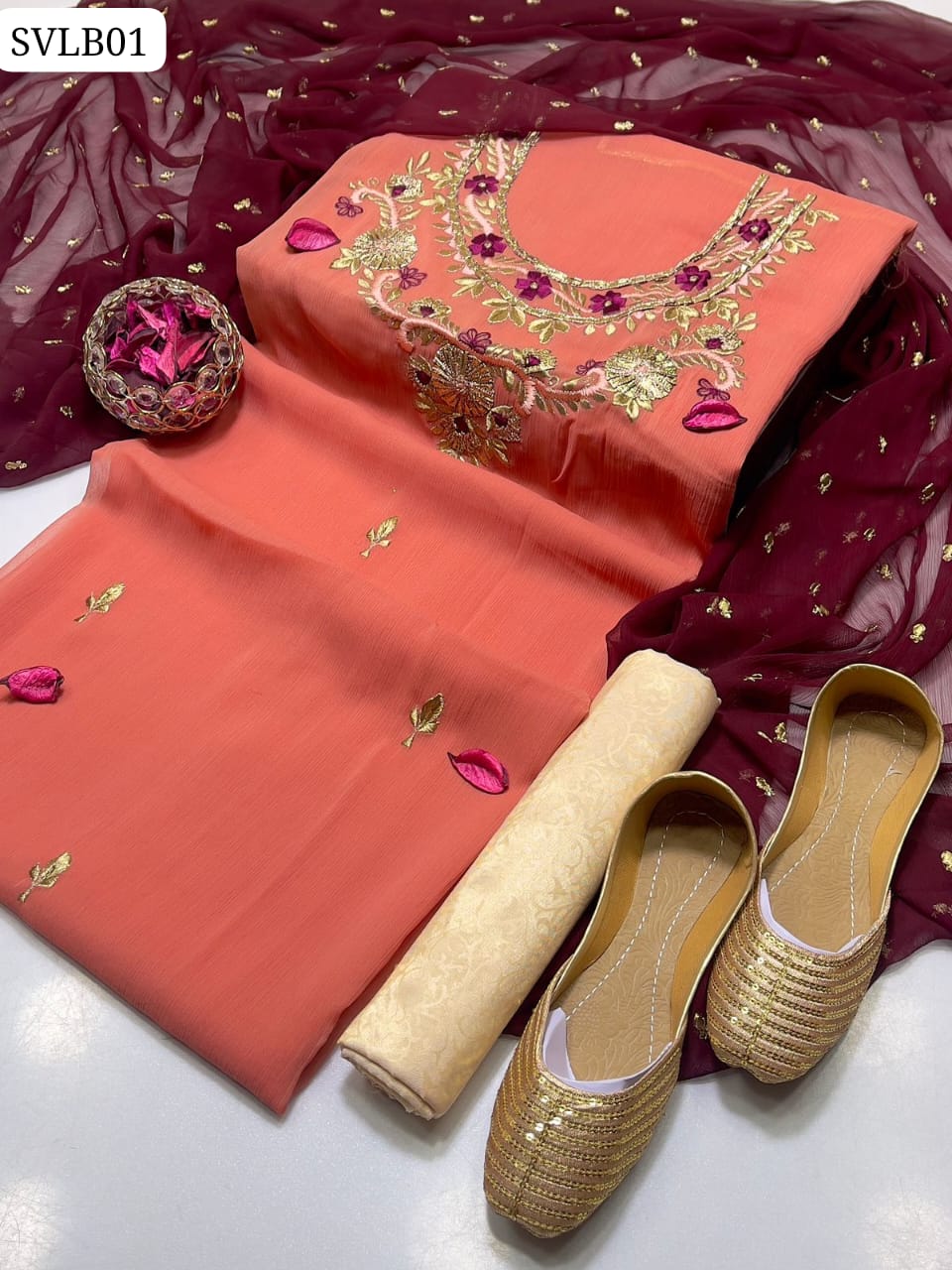 Crinkle Chiffon Fabric Handmade Heavy Embroidered Shirt Neck & Sleeves With Crinkle Chiffon Sequence Work Dupatta And Self Embossed Masuri Trouser 3Pc Dress With Beautiful Golden khussa Gift
