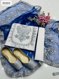 Kataan Silk Fabric Full Heavy Neck Mirror Work Gotta Work Embroidery Shirt With Net Mirror Work Embroidery Duppata And Plain Kataan Silk Trouser 3Pc Dress With Khussa