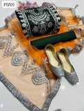 Kataan Silk Fabric Full Heavy Neck Mirror Work Gotta Work Embroidery Shirt With Net Mirror Work Embroidery Duppata And Plain Kataan Silk Trouser 3Pc Dress With Khussa
