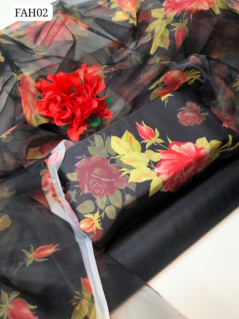 Shamoz Silk Digital Print Shirt With Digital Organza Duppta Along And Shamoz Silk Plan Trouser 3Pc Dress