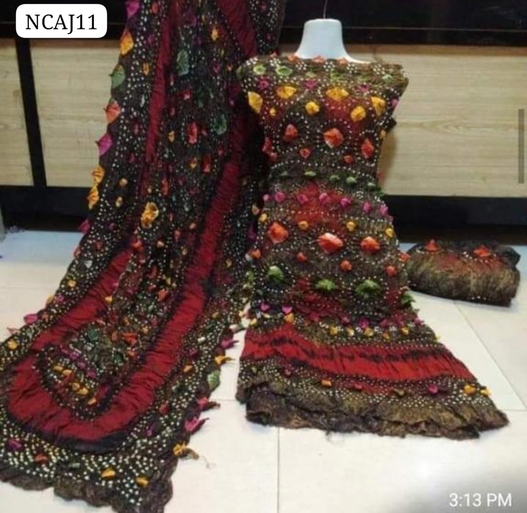 Soft Arabic Linen Fabric Hand Made Chunri Shirt With Linen Chunri Dupatta And Linen Chunri Trouser 3Pc Dress