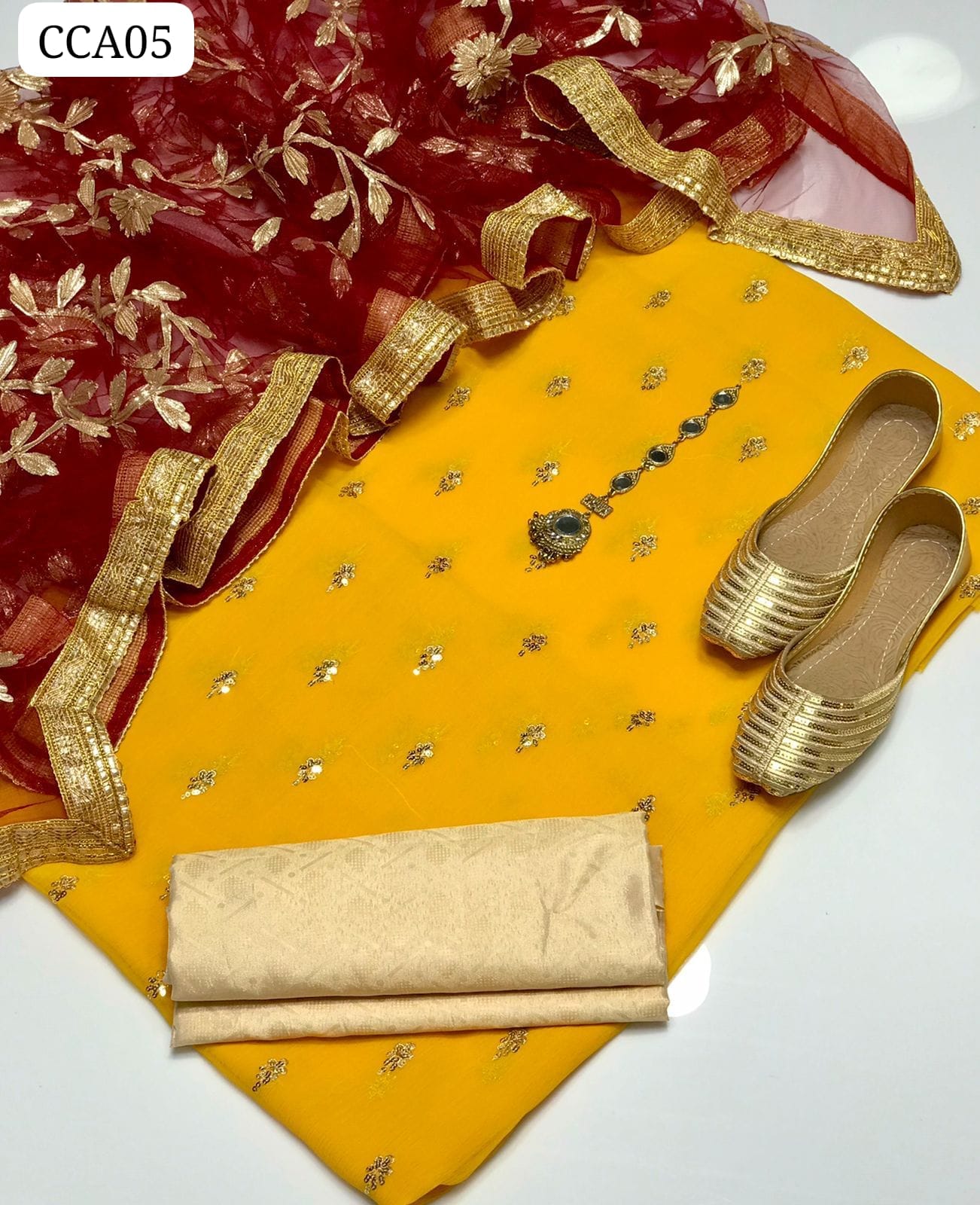 Chiffon Fabric Embroidery Work Shirt With Net Gota work Dupatta and Masoori Trouser 3pc Dress With Khussa As a Gift