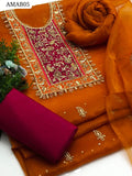 Pure Organza Base Heavy Multi Applick + Sitara Mooti & Handmand Work Shirt Sleeves booti embroidery With Organza Embroidery Dupatta And Kataan Silk Plain Trouser 3Pc Dress