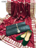 Kataan Silk Fabric Plain Shirt With Silk Gota work Duapatta And Kataan Silk Plain Trouser 3pc Dress With Khussa As a Gift