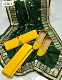 Kataan Silk Fabric Plain Shirt With Silk Gota work Duapatta And Kataan Silk Plain Trouser 3pc Dress With Khussa As a Gift