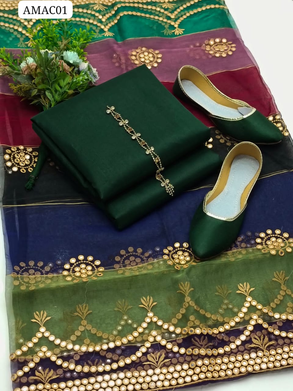 Kataan Silk Fabric Plain Shirt With Pure Multi Organza Fabric 9MM Foil & Embroidery Duppatta with 4 Sided Heavy Foil Border And Kataan Silk Plain Trouser 3 Pc Dress With Neckline & Khussa Gift
