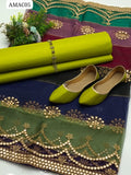 Kataan Silk Fabric Plain Shirt With Pure Multi Organza Fabric 9MM Foil & Embroidery Duppatta with 4 Sided Heavy Foil Border And Kataan Silk Plain Trouser 3 Pc Dress With Neckline & Khussa Gift