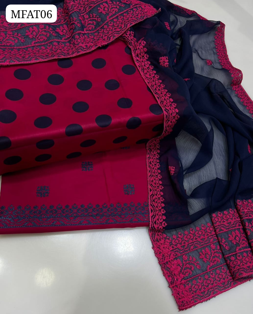 Lawn Fabric Printed Shirt With Krincle Chiffon 2 Side Work karhai Duppata And Lawn Karhai Trouser 3Pc Dress