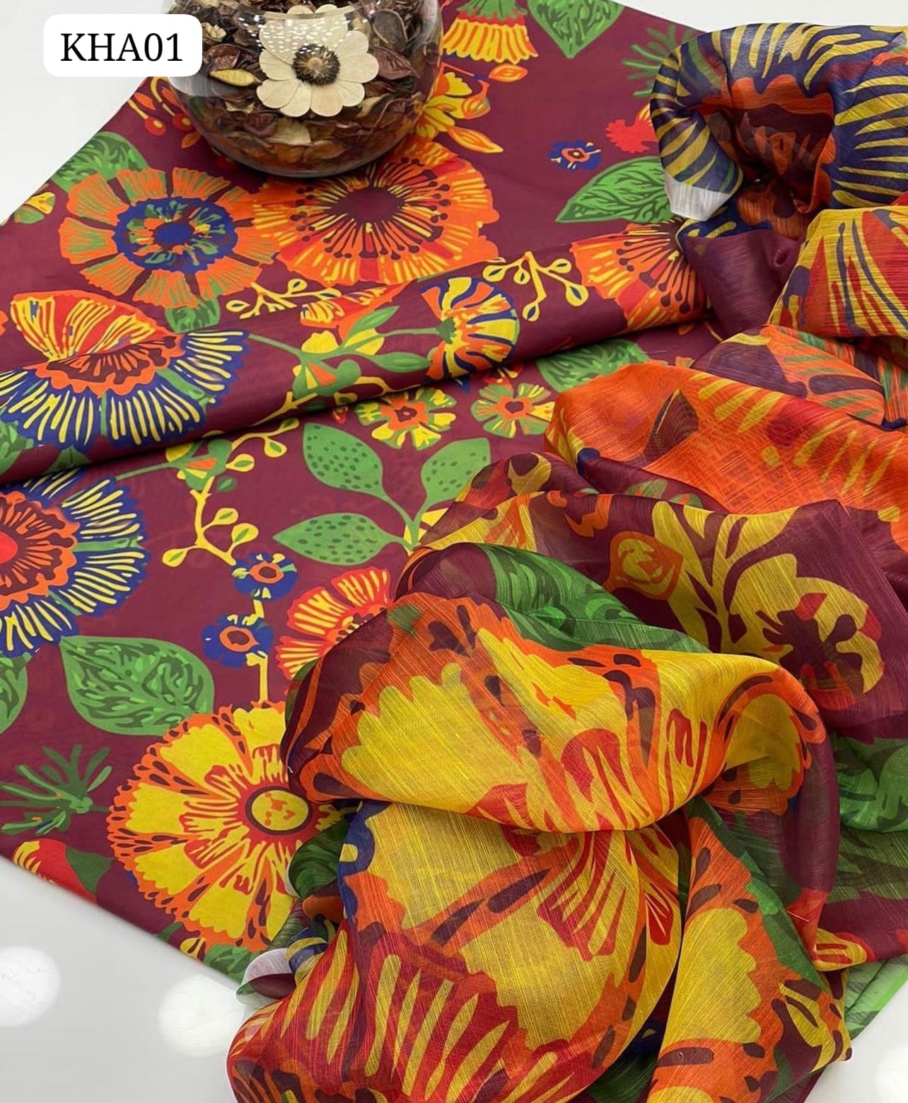 Monar Swiss Lawn Digital Print Shirt And Trouser Along With Masoori Slub Monar Digital Flower Print Dupatta 3 Pcs Dress