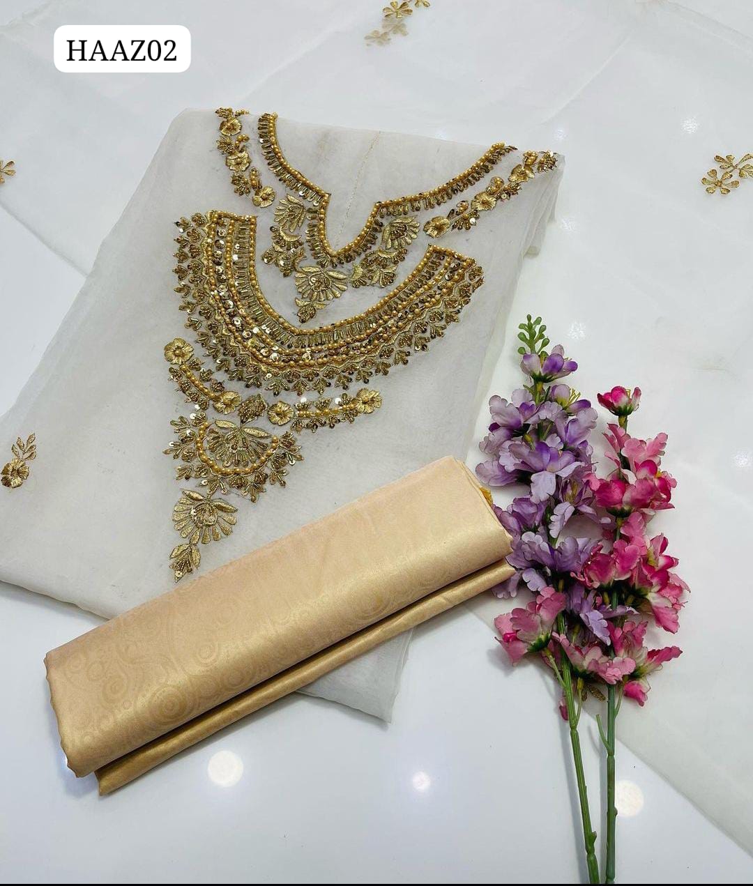 Indian Pure Organza Fabric Handwork Gala Shirt With Organza Handwork Duppatta And Masori Trouser 3Pc Dress
